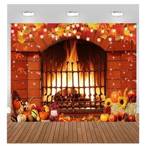 Fall Fireplace Background, 5 x 7, Sunflower Maple Leaves Pumpkins Fall Backdrop